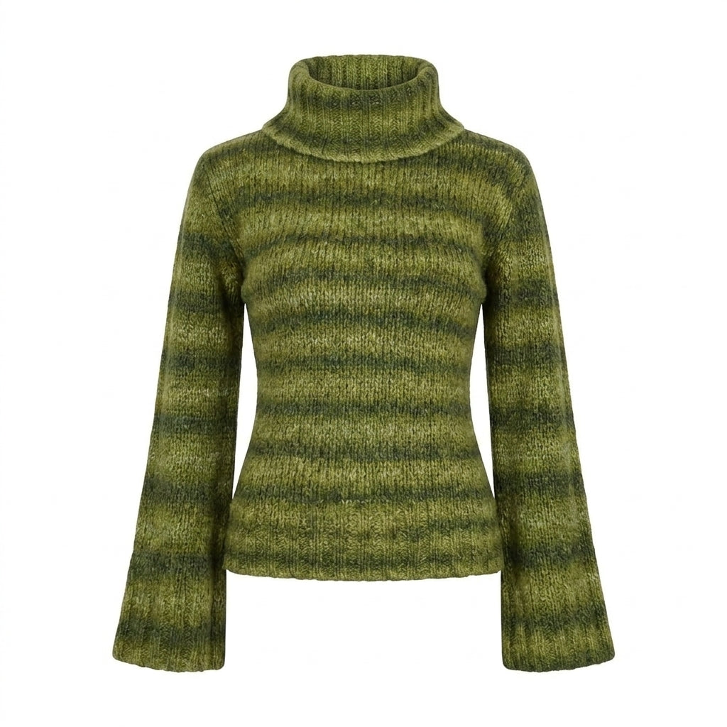 2000s Green Stripe Knit Sweater – Turtleneck Cowl Neck, S–L