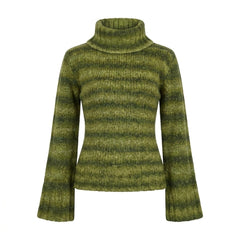 2000s Green Stripe Knit Sweater – Turtleneck Cowl Neck, S–L