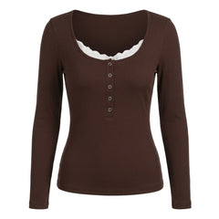 2000s Lace Panel Knit Top – Square Neck Button Detail in 4 Colours S–L