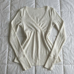 2000s Lace Patchwork Cross-Collar Babydoll Top – Wrap V-Neck in White S–L