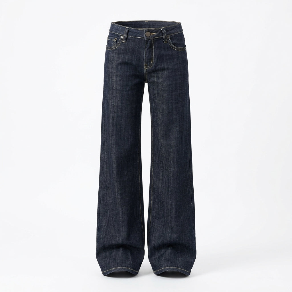 2000s Low-Rise Flared Jeans with Gold Letter Embroidery – Dark Blue