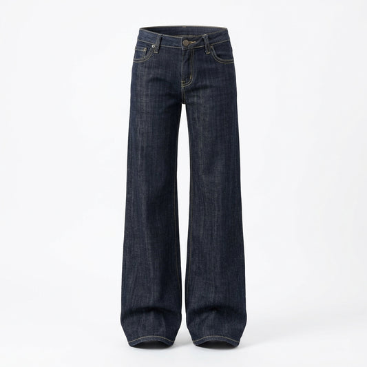 2000s Low-Rise Flared Jeans with Gold Letter Embroidery – Dark Blue