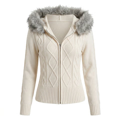 2000s Plush Cable Knit Zip-Up Cardigan – Faux Fur Hood Long Sleeve Sweater in Gray & Apricot