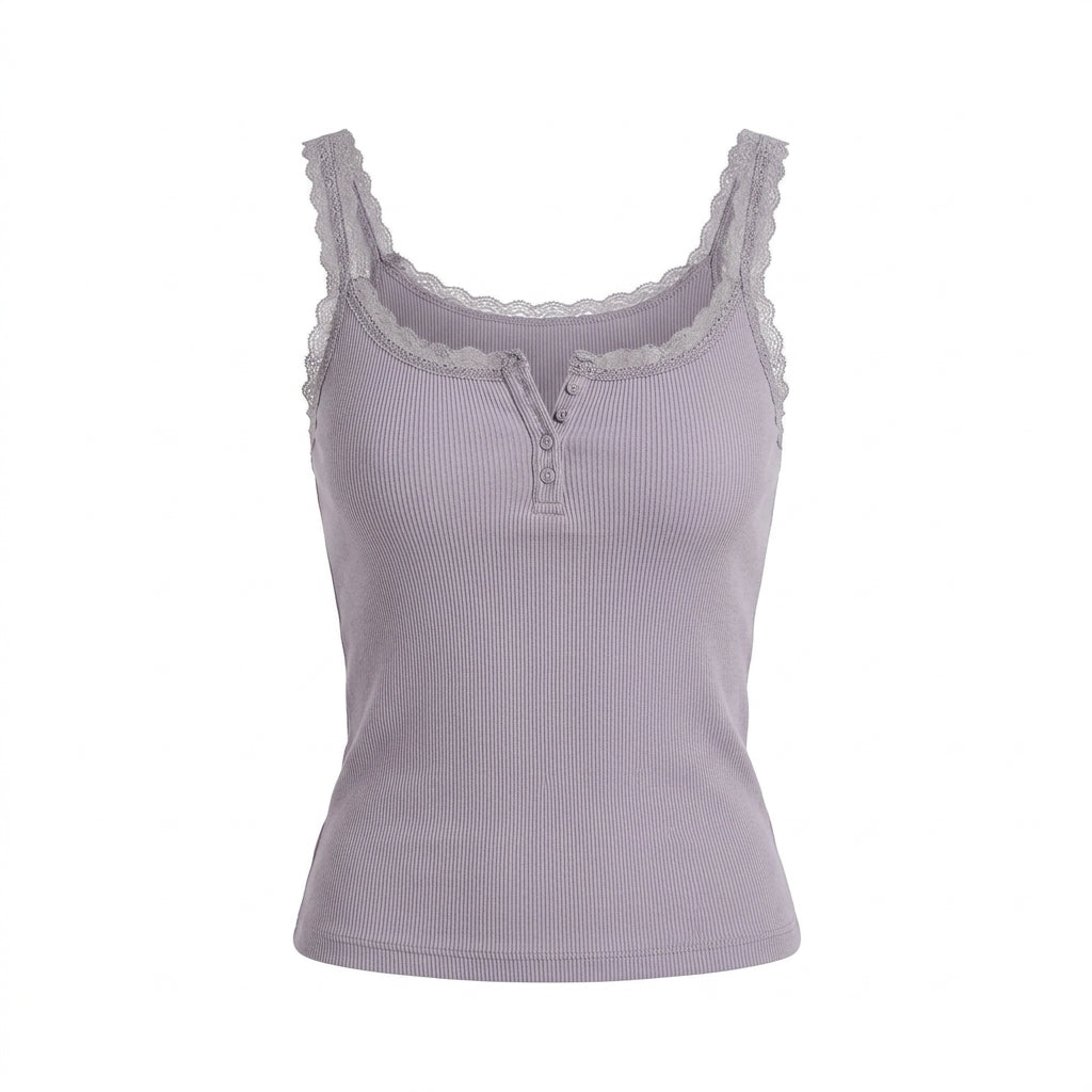 2000s Purple Lace Camisole Top – Slim Fit Ribbed Button-Front Sleeveless Tank