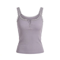 2000s Purple Lace Camisole Top – Slim Fit Ribbed Button-Front Sleeveless Tank