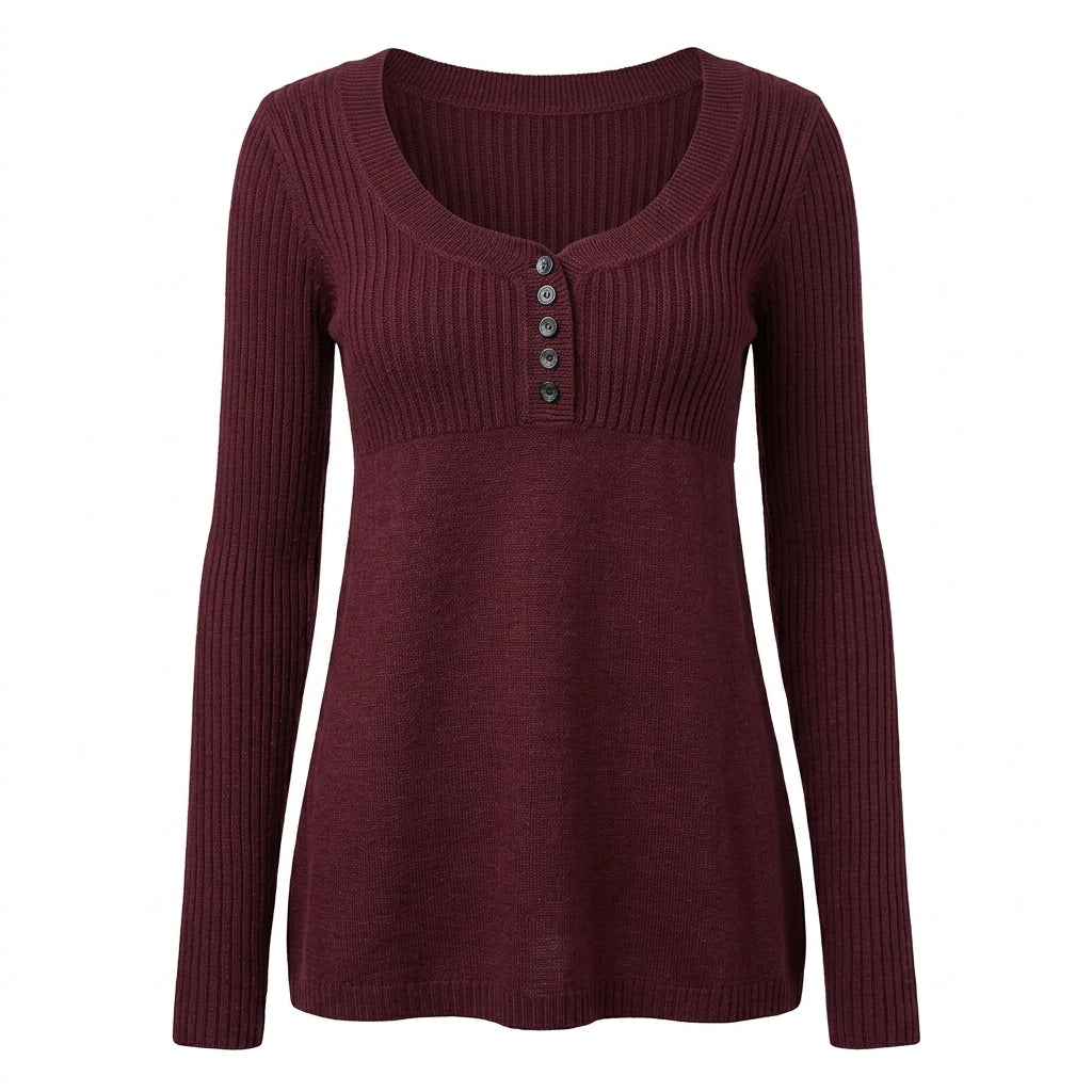 2000s Retro Burgundy Henley Knit Sweater – A-Line Ribbed Sleeve