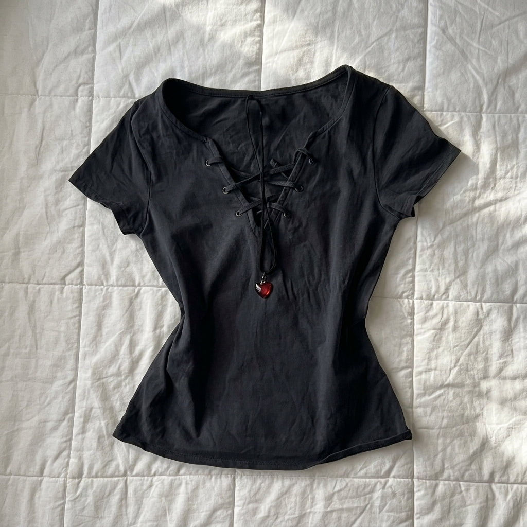 2000s Retro Lace-Up Cotton Short Sleeve T-Shirt