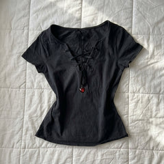 2000s Retro Lace-Up Cotton Short Sleeve T-Shirt
