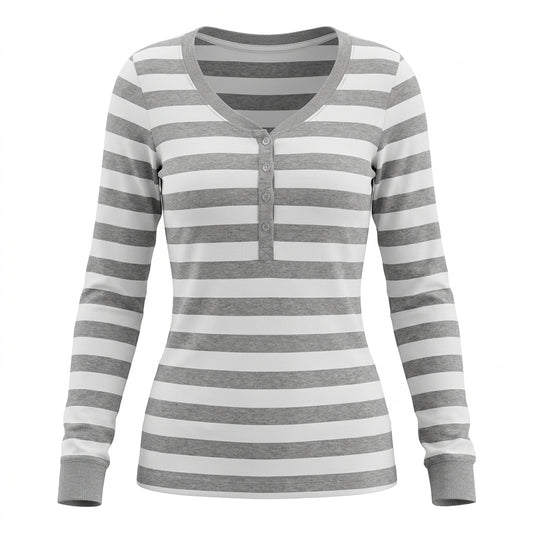 2000s Retro Striped Crew-Neck Button-Up Top – Henley Long Sleeve in Gray White S–L