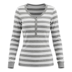 2000s Retro Striped Crew-Neck Button-Up Top – Henley Long Sleeve in Gray White S–L