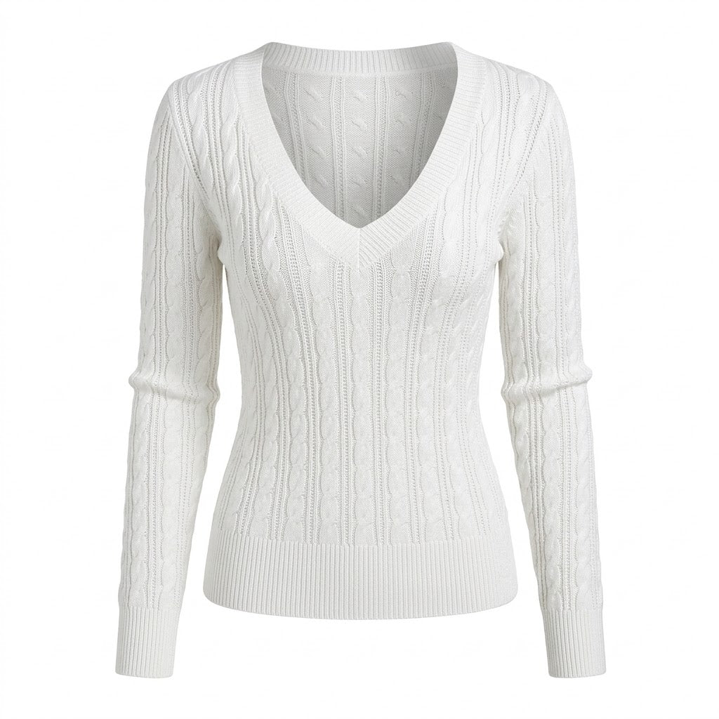 2000s Slim-Fit Cable Knit Sweater – Deep V-Neck Pullover in White Black Gray S–XL