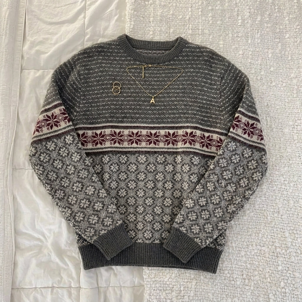 2000s Snowflake Grey Loose Pullover Knit Sweater – Fair Isle Nordic Pattern One Size