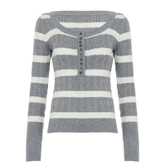 2000s Striped Cable-Knit Henley Sweater – Grey S–L