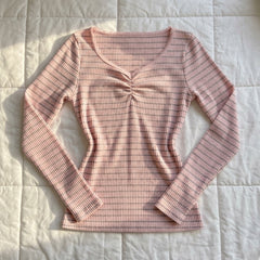 2000s Striped Loose V-Neck Top – Oversized Batwing Knit Tee Pink S–L