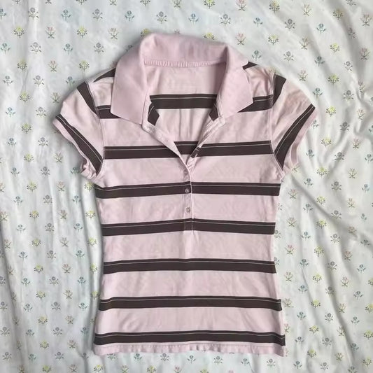 2000s Striped Polo Shirt Top – Pink Brown Collegiate Crop Tee S–L