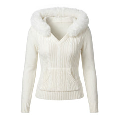 2000s Twisted Knit Hooded Sweater with Fluffy Fur Collar – Slim Fit Cable Knit Top