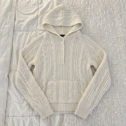 2000s Twisted Stripe Hooded Knit Sweater – Cable Knit Pullover in White One Size