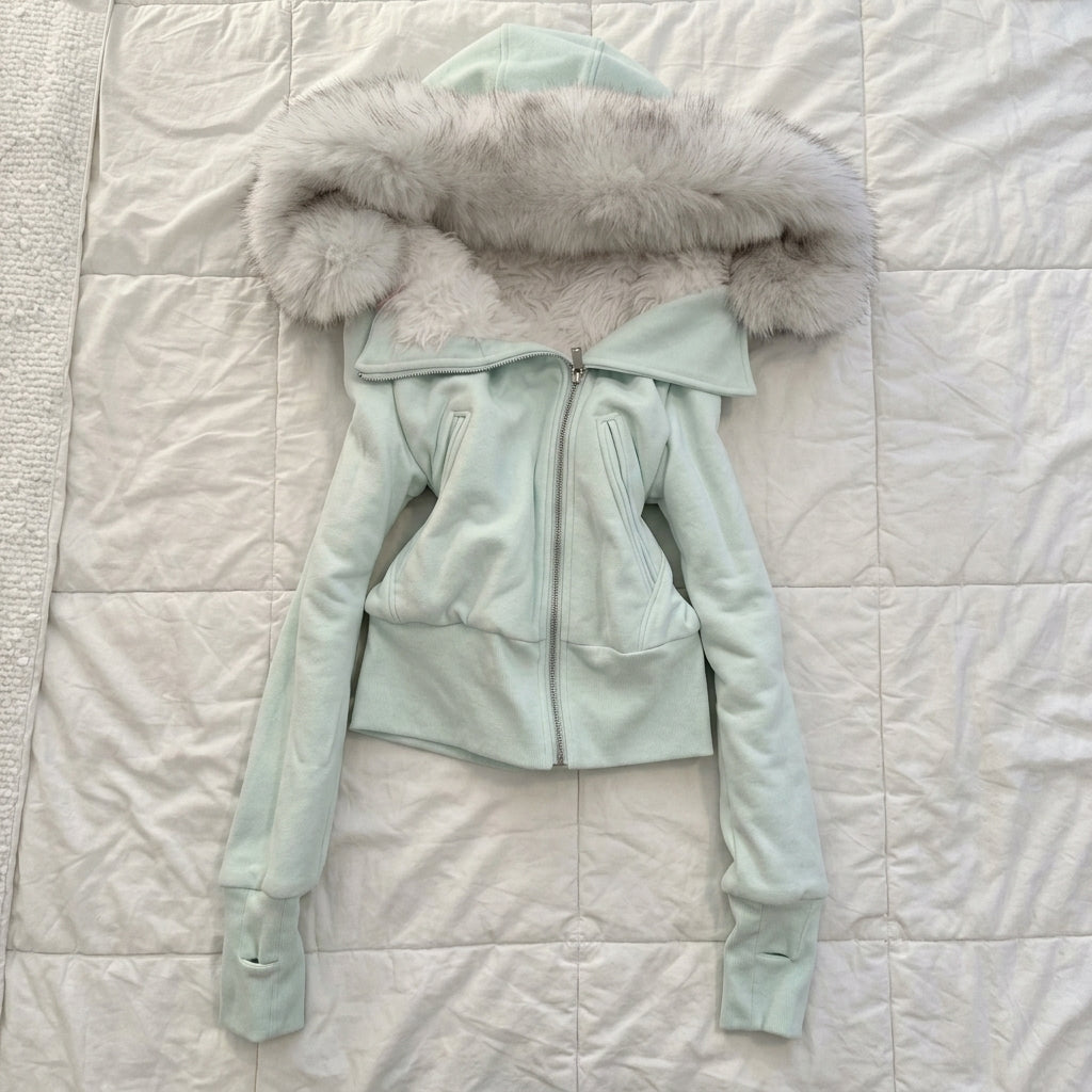 2000s Vintage Faux Fur Hooded Fleece-Lined Jacket – Slim Fit Zip-Up Cropped Coat