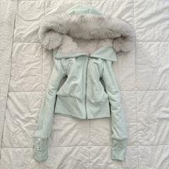2000s Vintage Faux Fur Hooded Fleece-Lined Jacket – Slim Fit Zip-Up Cropped Coat