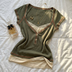 2000s Vintage Square-Neck Short-Sleeve Top – Faux Two-Piece Lace Cami in Green S–L