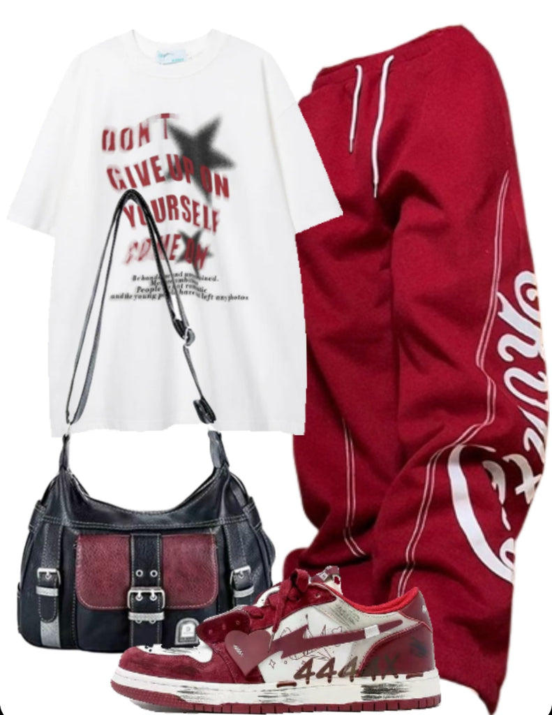 OOTD: Star Oversized Tee + Baggy Sweatpants + Pu Leather Y2K Crossbody Bag +Shooting Heart Sneakers