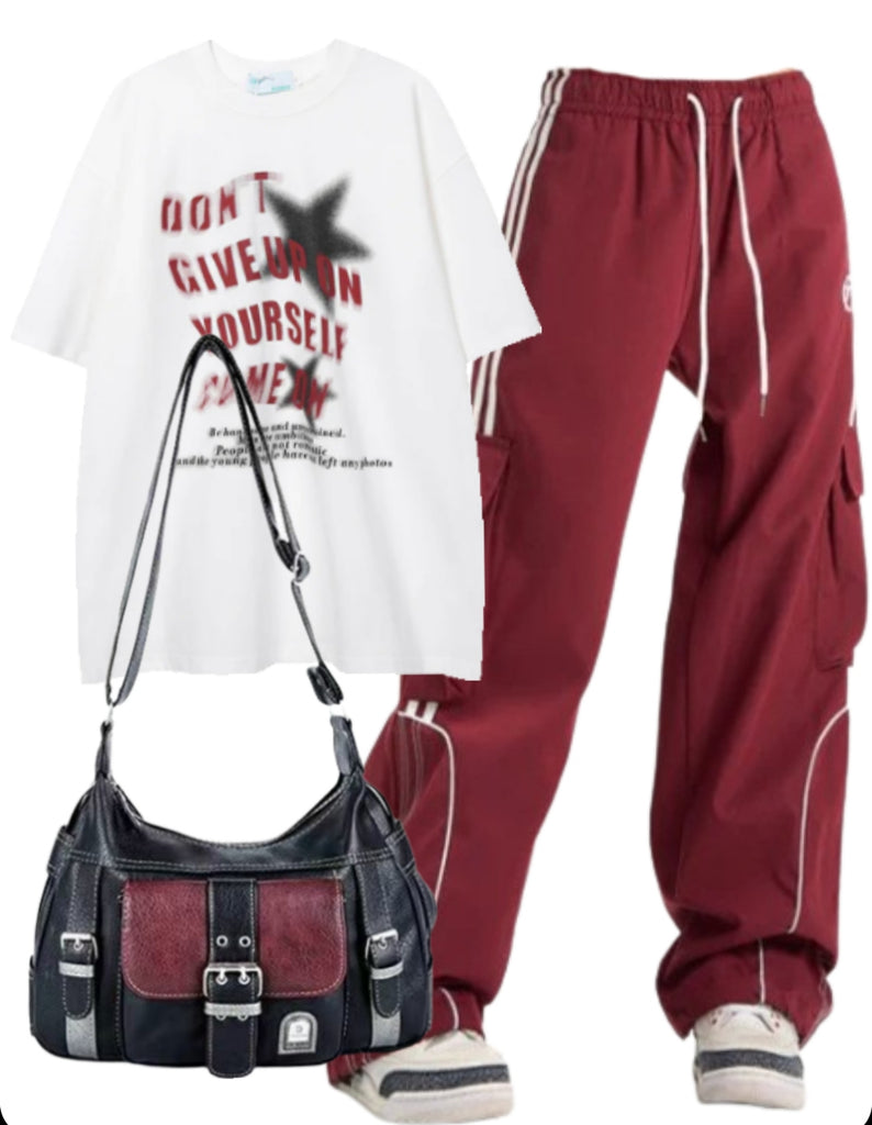 OOTD: Star Oversized Tee + Cargo Sweatpants + Pu Leather Y2K Crossbody Bag