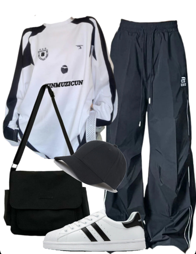 OOTD: Contrast Color Oversized Sweatshirt + Side Stripe Sweatpants + Large Canvas Bag + comfortable shell shoes