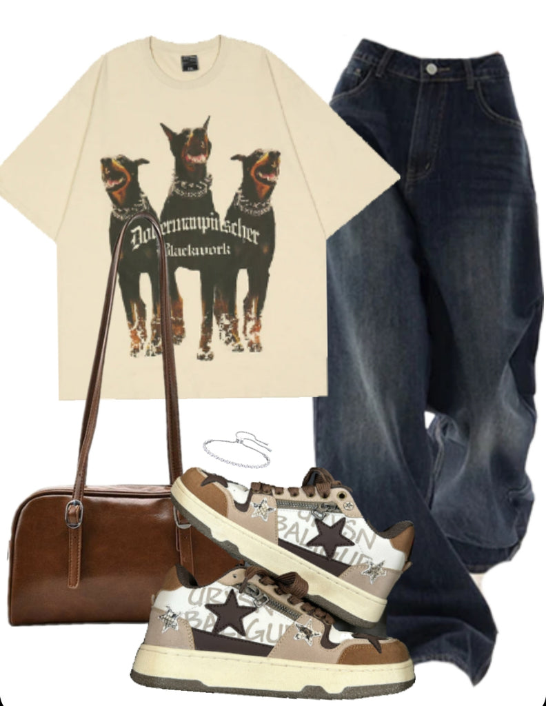 OOTD: Doberman Dogs  T-shirt + 90s Boyfriend Jeans + Pu Leather Shoulder Bag + Starlight Vintage Zipper Sneakers