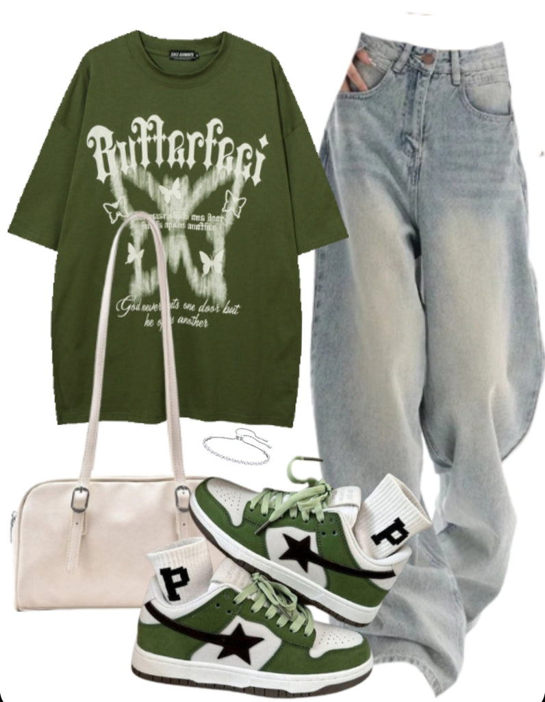 OOTD: Butterfly Print T-shirt + Vintage Boyfriend Jeans + Leather Shoulder Bag + Cosmic Kicks Sneakers
