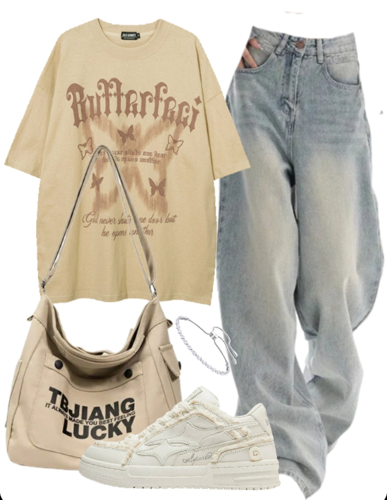 OOTD: Butterfly Print Oversized T-shirt + Vintage Boyfriend Jeans + Canvas Crossbody Bag + Shooting Star Patchwork Sneakers