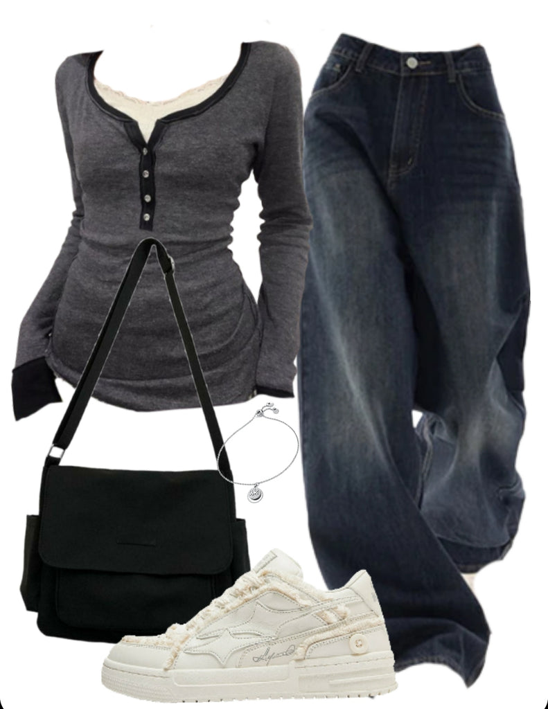 OOTD: U Neck Long Sleeve Tee + Boyfriend Jeans + Canvas Bag + Patchwork Sneakers