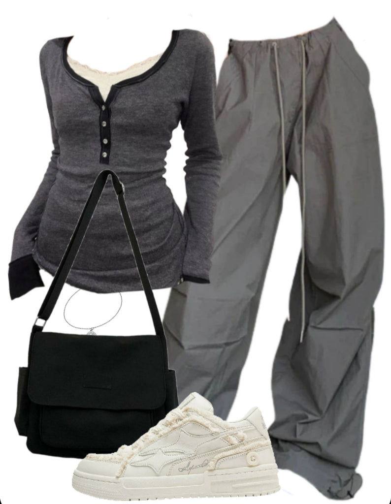 OOTD: U Neck Long Sleeve Tee + Cargo Wide Leg Pants + Canvas Bag + Patchwork Sneakers