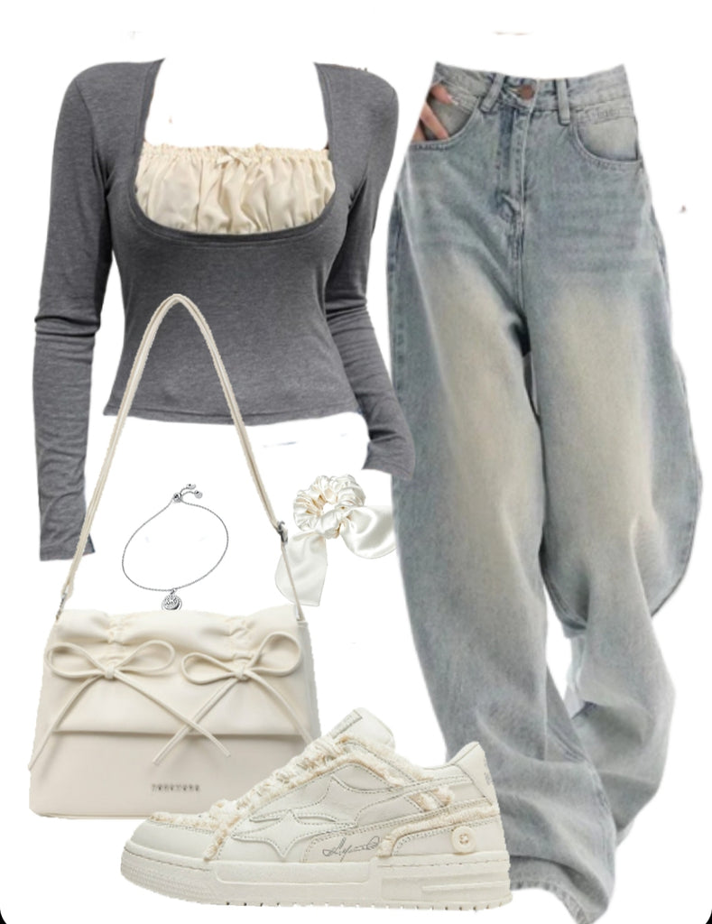 OOTD: Long Sleeve Tee + Boyfriend Jeans + Leather Shoulder Bag + Patchwork Sneakers