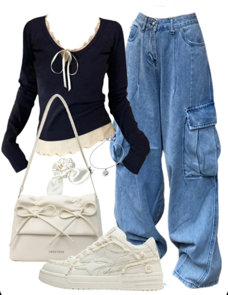 OOTD: Long Sleeve Tee + Baggy Cargo Jeans + Leather Shoulder Bag + Patchwork Sneakers