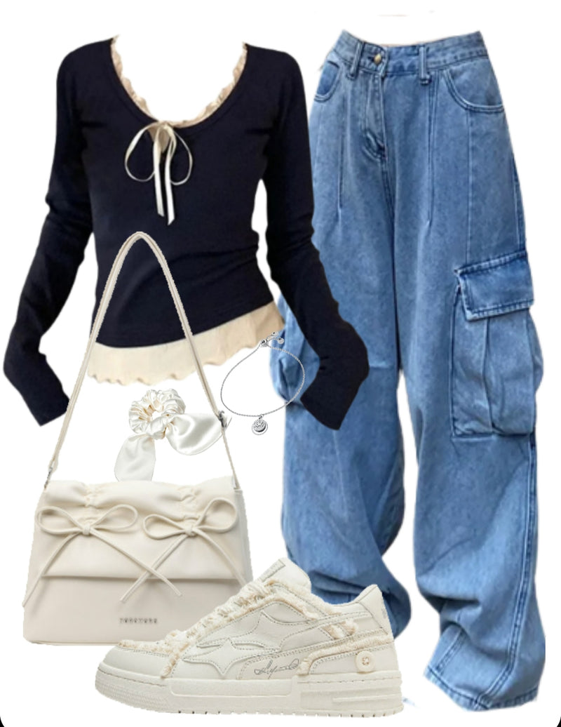 OOTD: Long Sleeve Tee + Baggy Cargo Jeans + Leather Shoulder Bag + Patchwork Sneakers