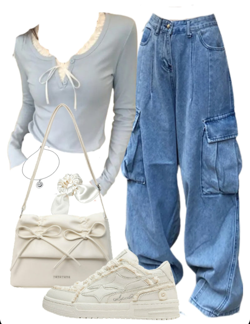 Long Sleeve Tee + Cargo Jeans + Leather Shoulder Bag + Patchwork Sneakers