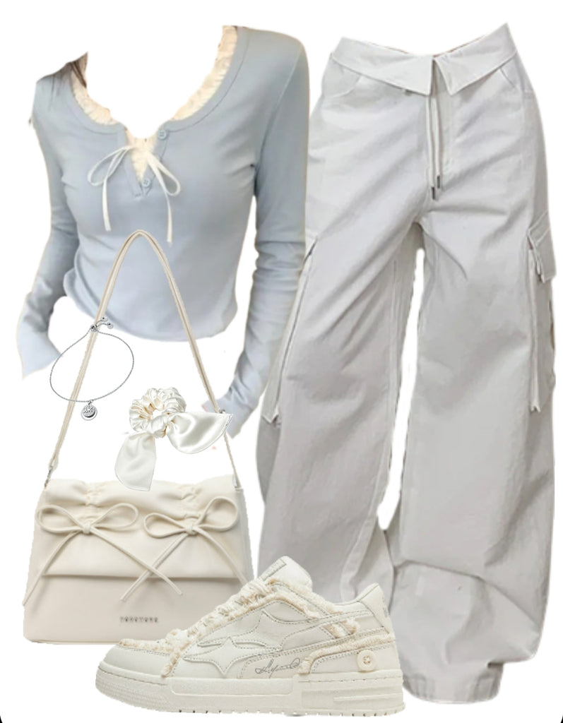 Long Sleeve Tee + Cargo Pants + Leather Shoulder Bag + Patchwork Sneakers