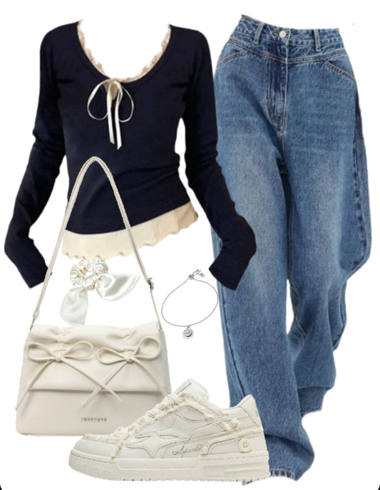 Long Sleeve Tee + Boyfriend Jeans + Leather Shoulder Bag + Patchwork Sneakers