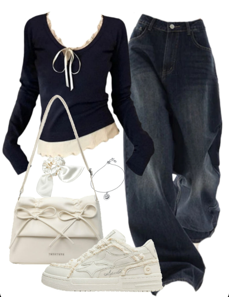 Long Sleeve Tee + Boyfriend Jeans + Leather Shoulder Bag + Patchwork Sneakers