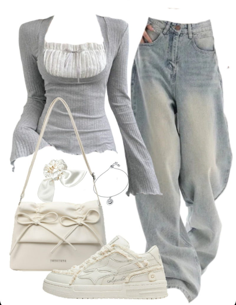 OOTD: Fungus He Long Sleeve Tee + Boyfriend Jeans + Leather Shoulder Bag + Patchwork Sneakers