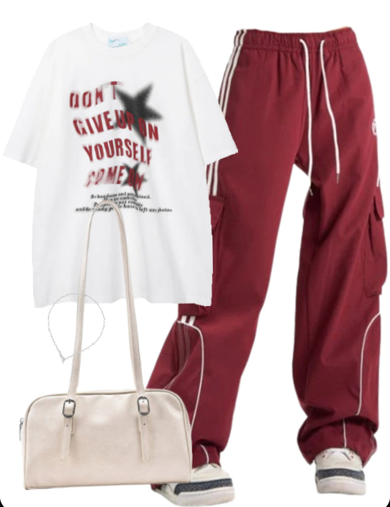 Star Graphic Oversized Tee + Cargo Sweatpants + Leather Shoulder Bag