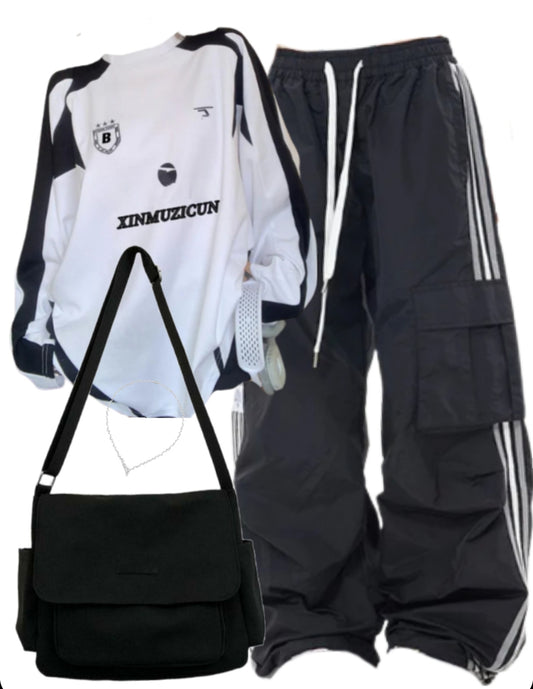 Oversized Sweatshirt + Baggy Cargo Sweatpants + Canvas Satchel Bag