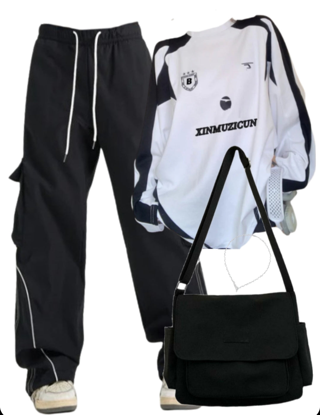 Oversized Sweatshirt + Piping Details Cargo Sweatpants +  Satchel Bag