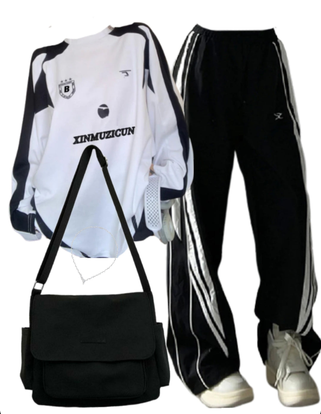 Embroidery Print Oversized Sweatshirt + Black Sweatpants + Canvas Satchel Bag