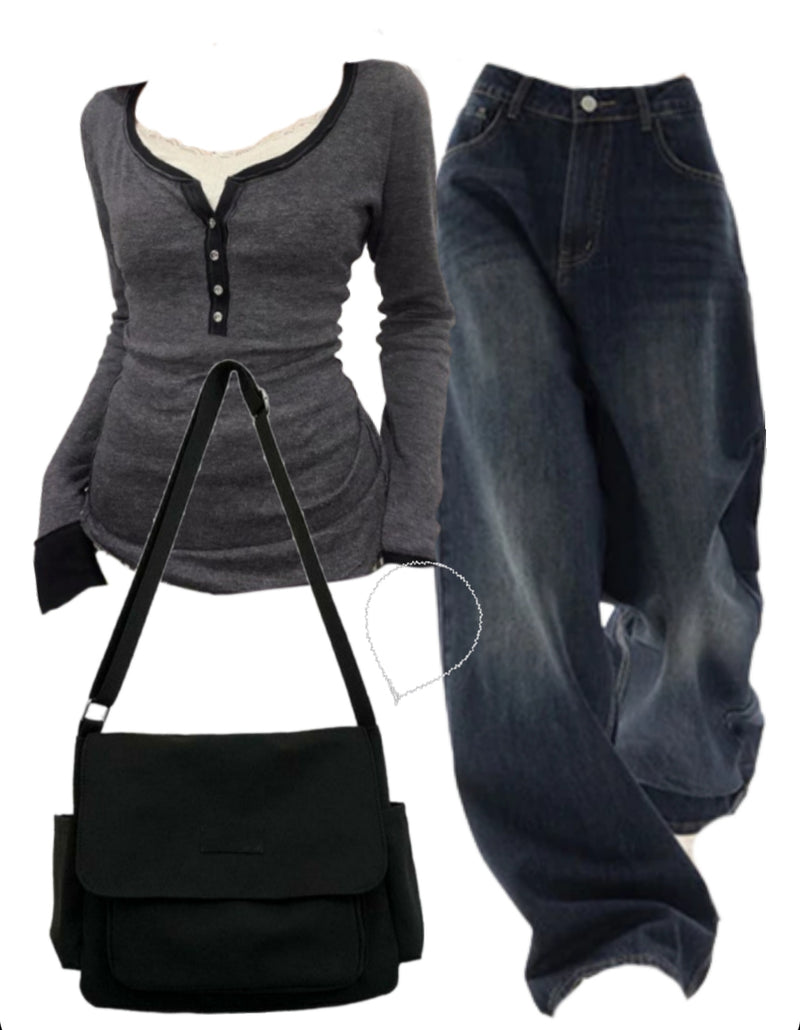 U Neck Long Sleeve Tee + 90s Boyfriend Jeans + Large Canvas Satchel Bag
