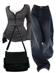 U Neck Long Sleeve Tee + 90s Boyfriend Jeans + Large Canvas Satchel Bag