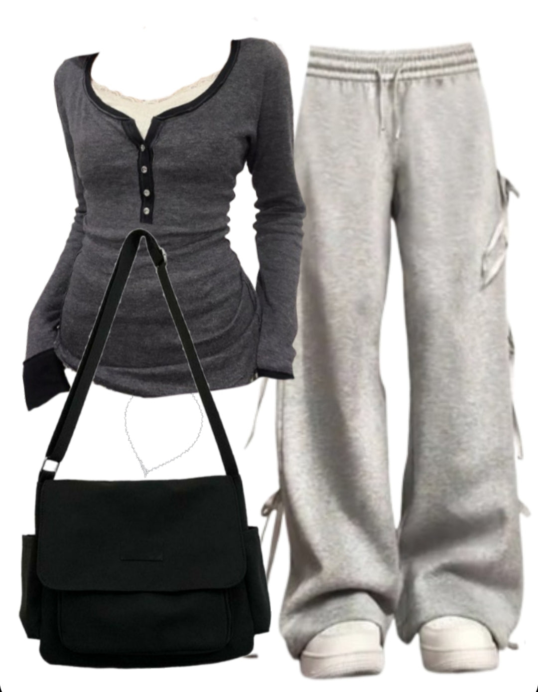 U Neck Long Sleeve Tee + Bow Tie Sweatpants + Large Canvas Satchel Bag - fairypeony