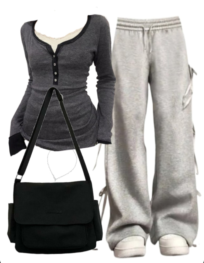 U Neck Long Sleeve Tee + Bow Tie Sweatpants + Large Canvas Satchel Bag