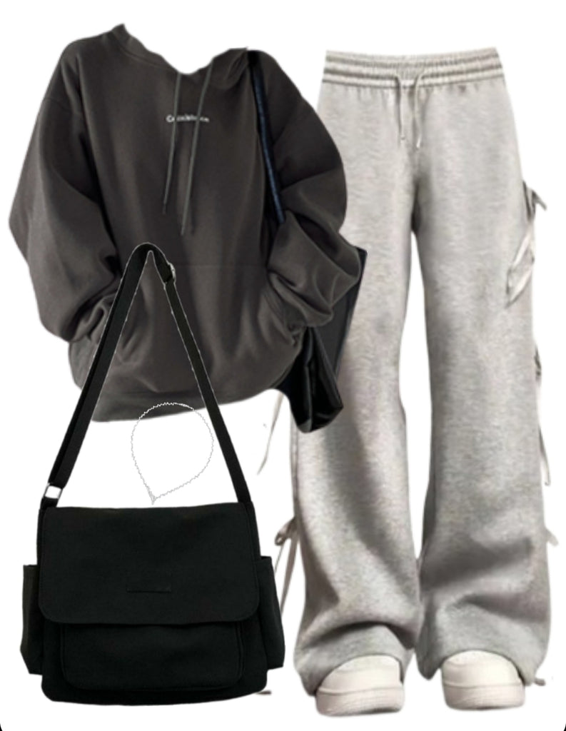 Baggy Hoodie + Bow Tie Sweatpants + Large Canvas Satchel Bag