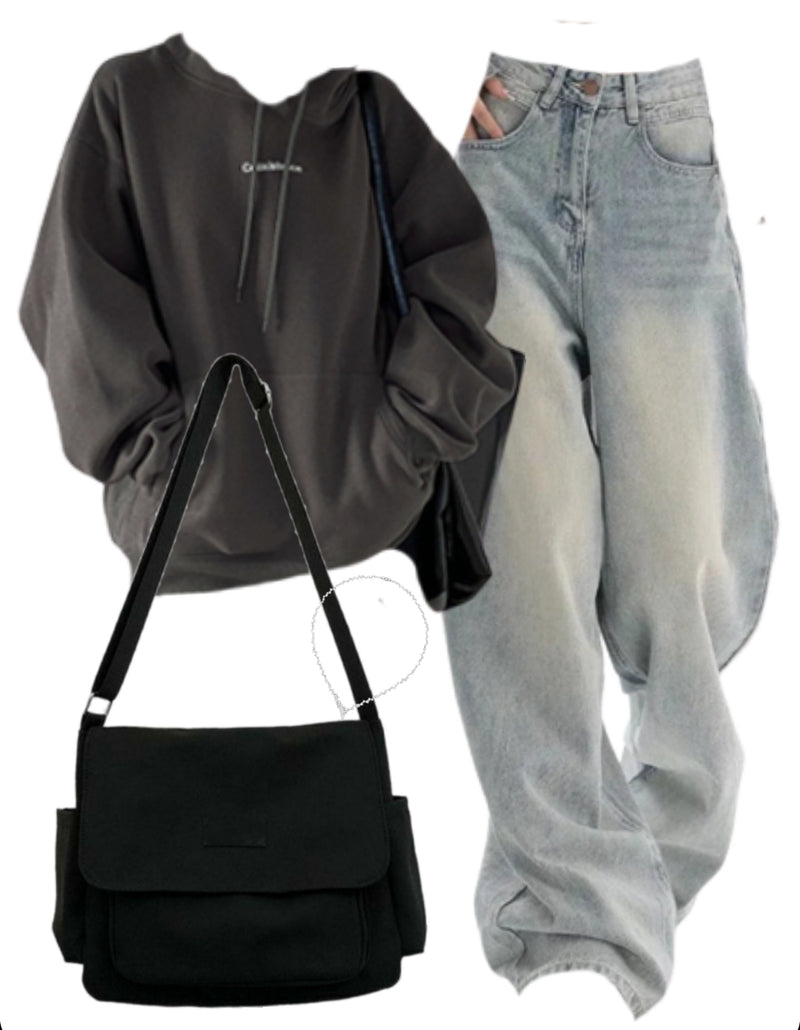 Embroidery Baggy Hoodie + Vintage 90s Baggy Boyfriend Jeans + Satchel Bag